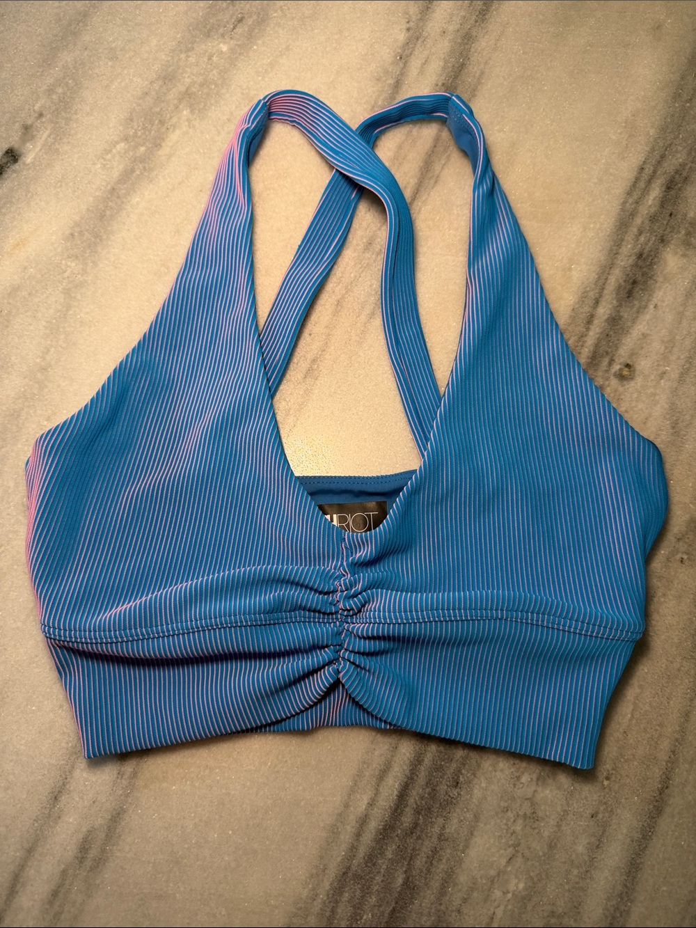 Beach Riot Blue Ribbed Ruched Sports Bra